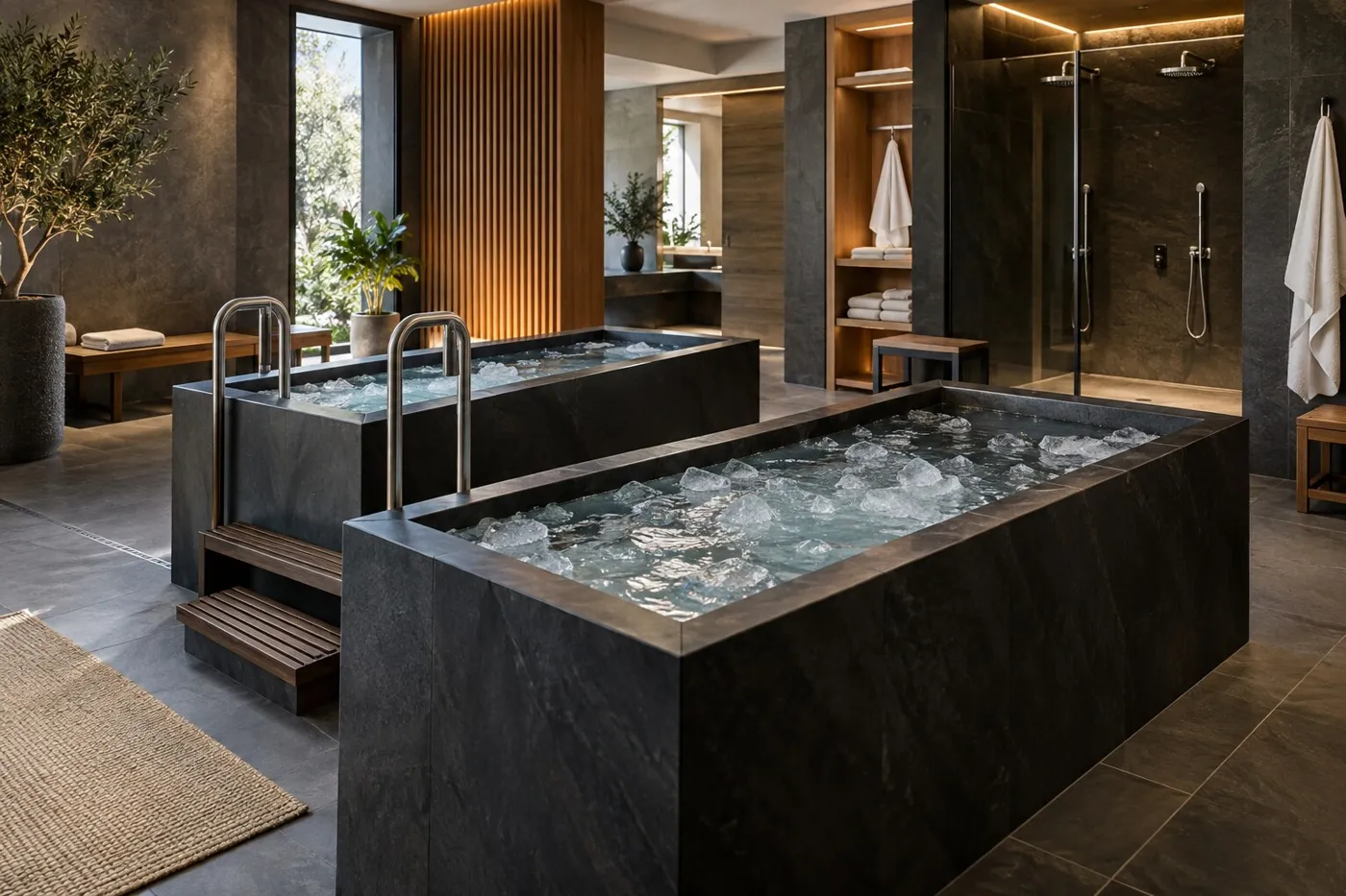Concept visual of a calm cold-plunge suite with two stone ice baths.